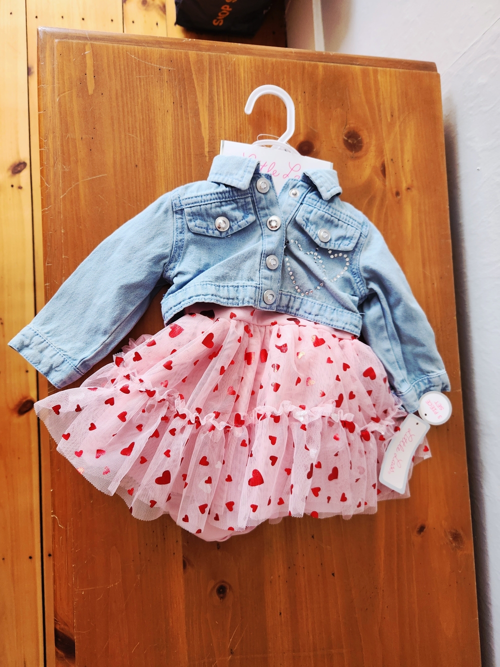 NWT Little Lass 3-6 Month Denim Jacket with Pink Heart Tulle Dress